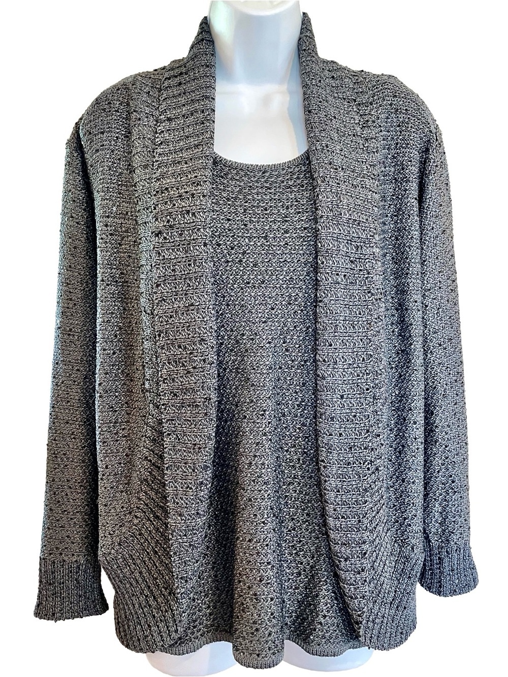 St John Petite Metallic Knit Twin Set Gray Cardigan Tank